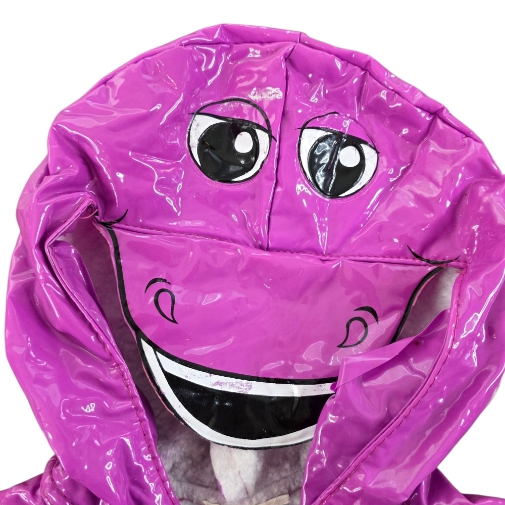 Vintage 90s Barney Dinosaur Kids Raincoat Hooded Purple PVC Jacket Costume - Picture 7 of 16
